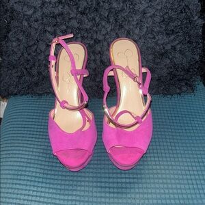 NWOT Jessica Simpson Pink T-Strap Leather Platform Sandals, Size 7